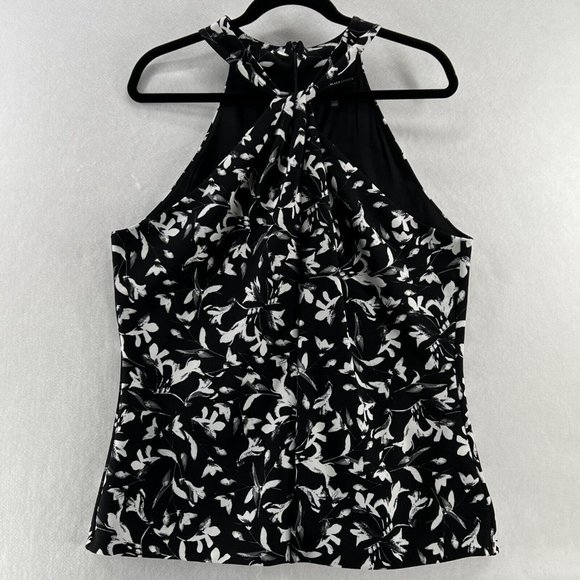 White House Black Market Top Womens Sz XL Floral Twisted Halter Sleeveless Black